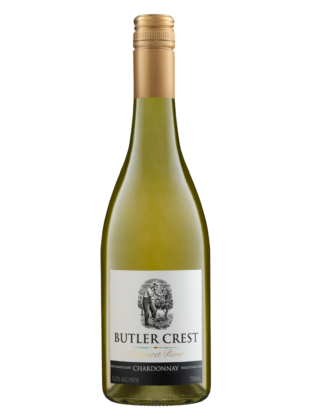 A bottle of Butler Crest Margaret River Chardonnay white wine, featuring a pale green glass bottle, a gold foil capsule, and a white label with black text and illustration, set against a plain white background.