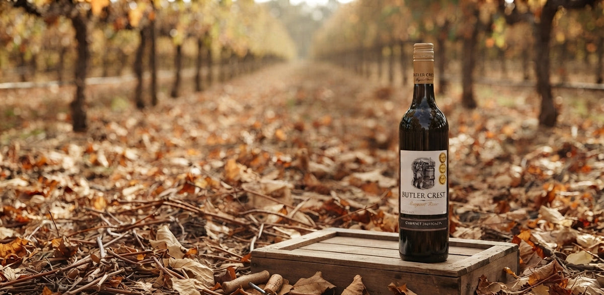 A bottle of Butler Crest Cabernet Sauvignon stands on a wooden crate in a vineyard path covered with fallen autumn leaves.