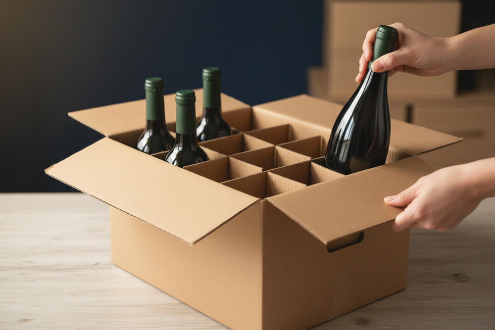 A person's hands are shown placing a wine bottle into a brown cardboard box, with three  bottles already inside the box. The scene is set on a light wooden tabletop with a dark background.