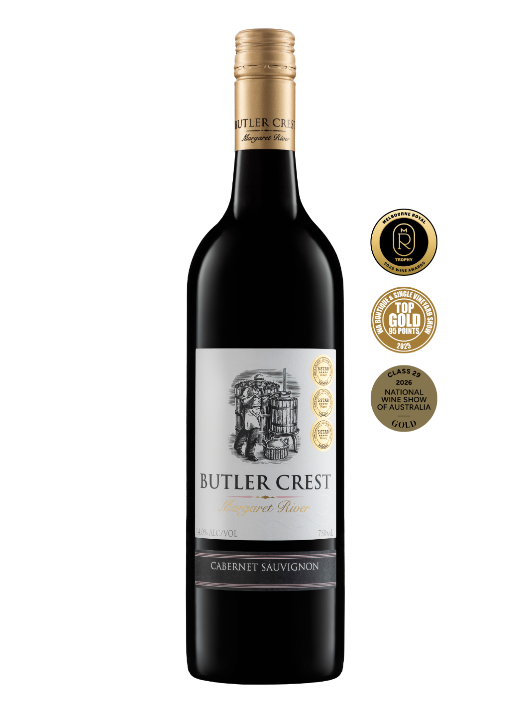 A bottle of Butler Crest Redmond Valley Cabernet Sauvignon wine, shown on a plain white background alongside three gold award seals on the right.