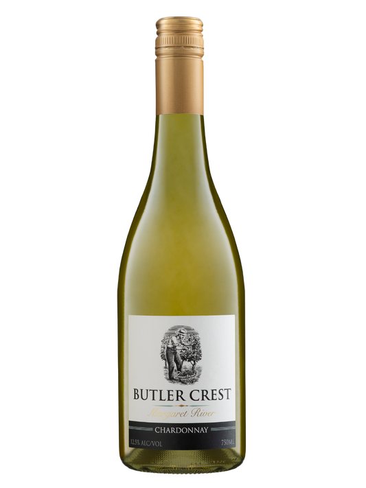 A bottle of Butler Crest Margaret River Chardonnay white wine, featuring a pale green glass bottle, a gold foil capsule, and a white label with black text and illustration, set against a plain white background.