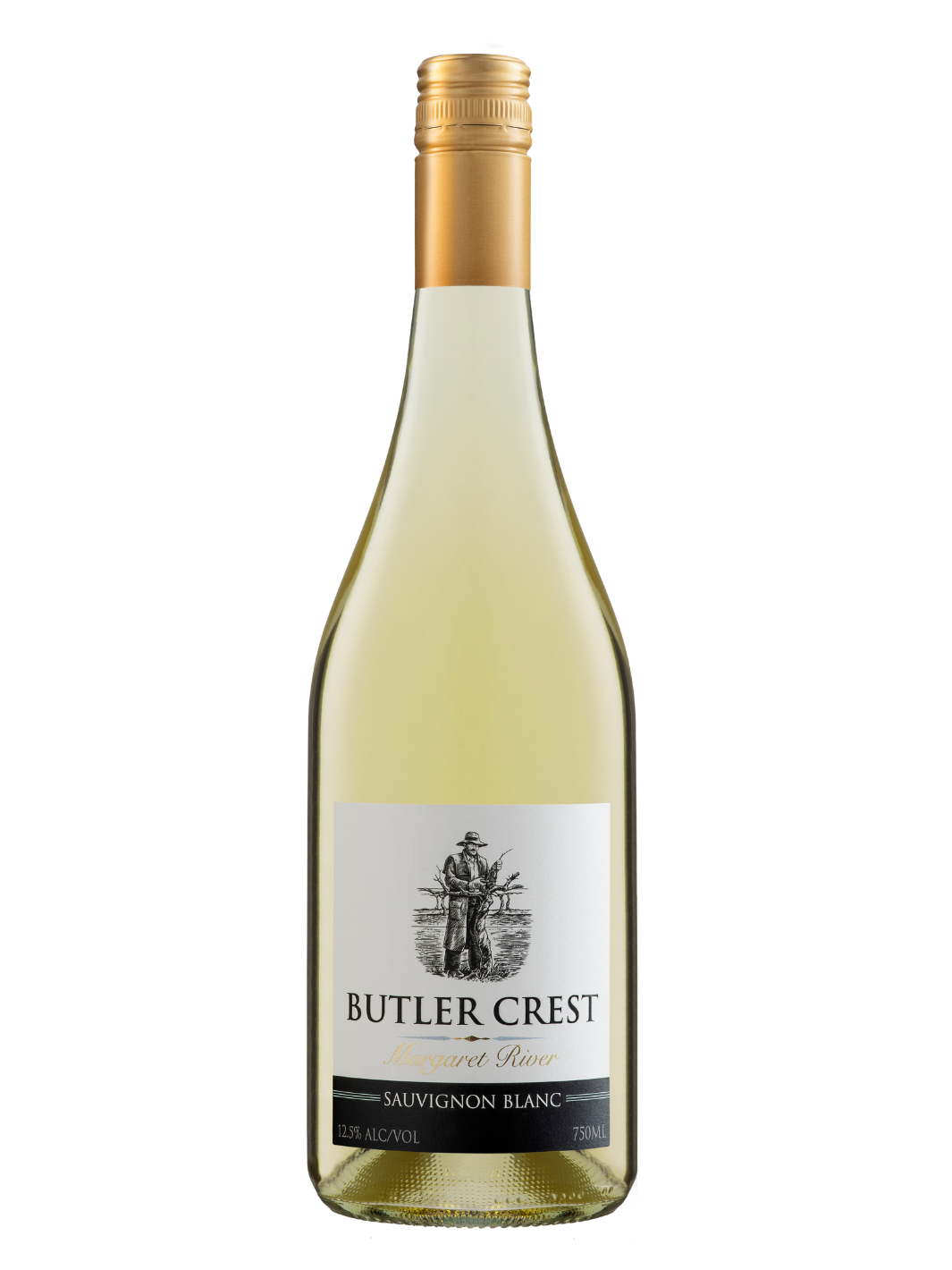 A bottle of Butler Crest Sauvignon Blanc white wine with a gold foil cap and a white label featuring a black illustration and text, set against a plain white background.