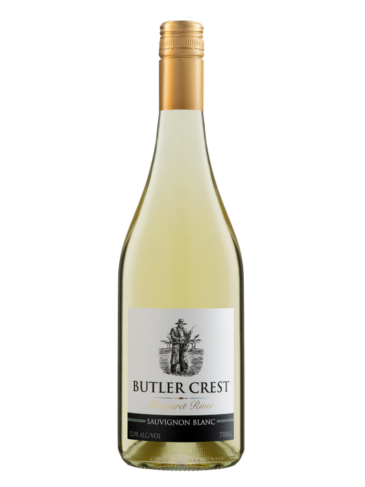 A bottle of Butler Crest Sauvignon Blanc white wine with a gold foil cap and a white label featuring a black illustration and text, set against a plain white background.