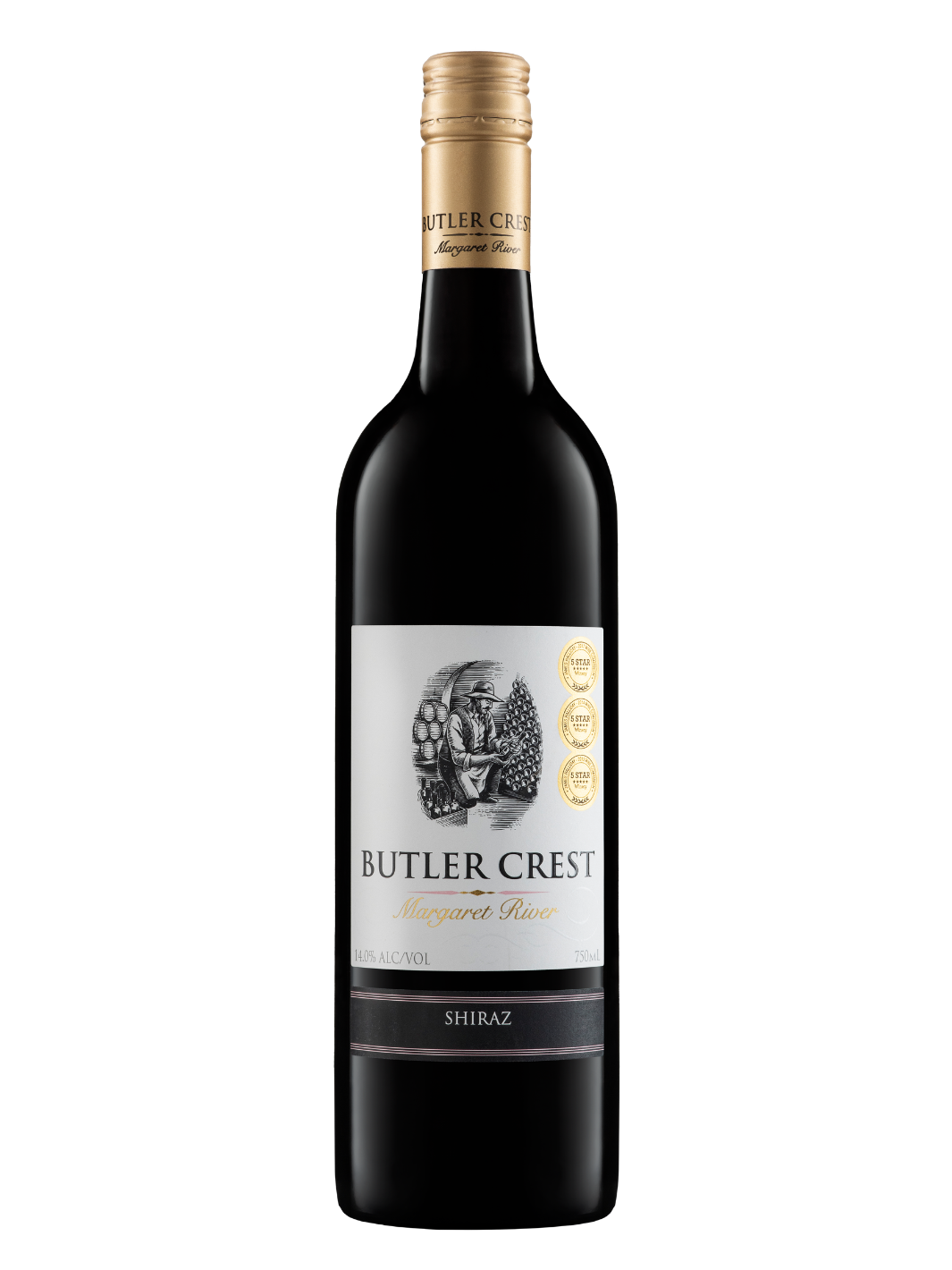 A bottle of Butler Crest Margaret Rose Shiraz red wine, featuring a dark glass body, a white label with black and gold text, and a gold foil neck wrap, set against a plain white background.