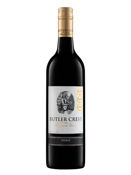 A bottle of Butler Crest Margaret Rose Shiraz red wine, featuring a dark glass body, a white label with black and gold text, and a gold foil neck wrap, set against a plain white background.