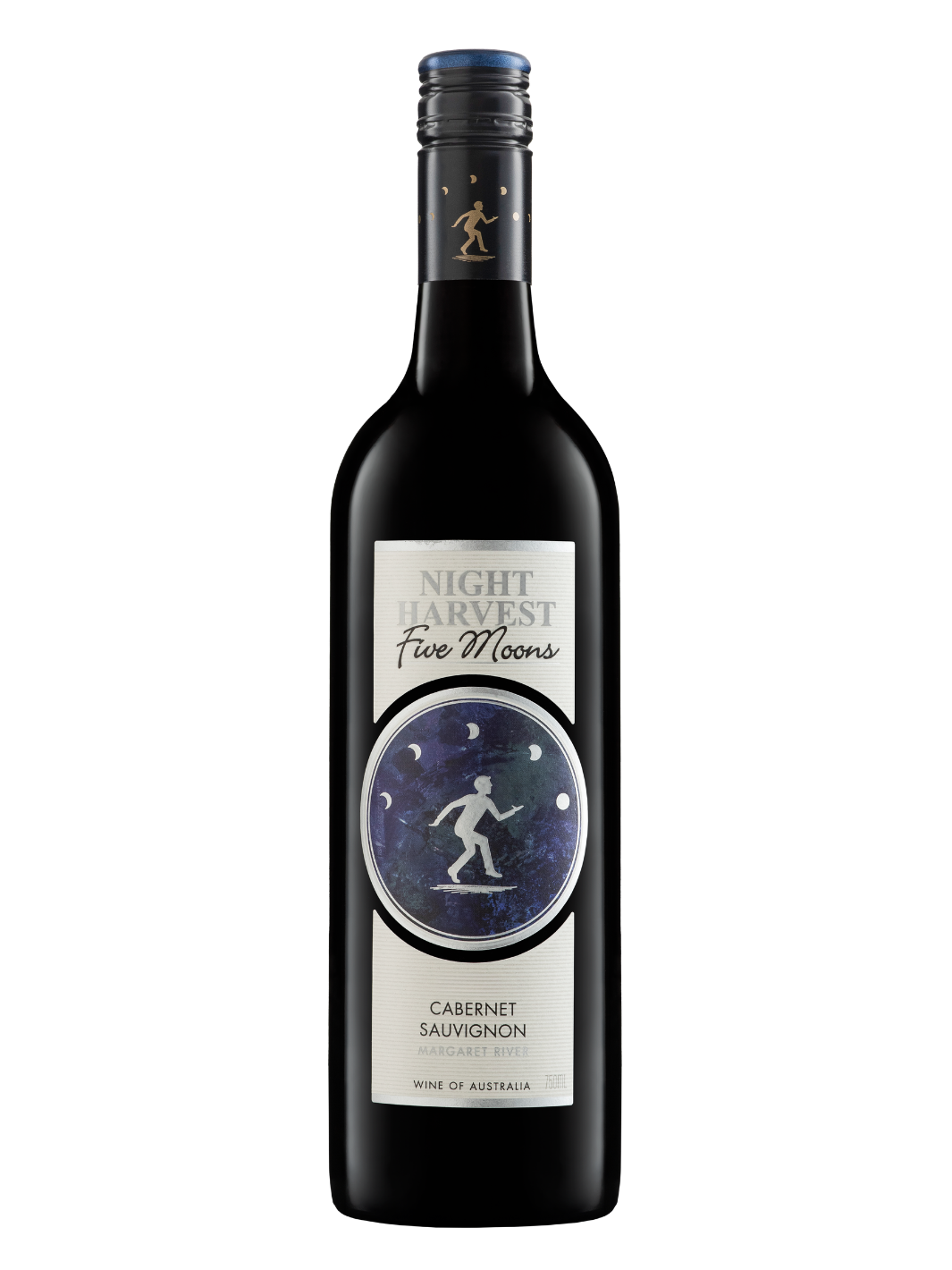 A bottle of Night Harvest Five Moons Cabernet Sauvignon red wine, featuring a dark glass bottle with a black label and a white label with a blue circular graphic of a running figure under a moonlit sky.
