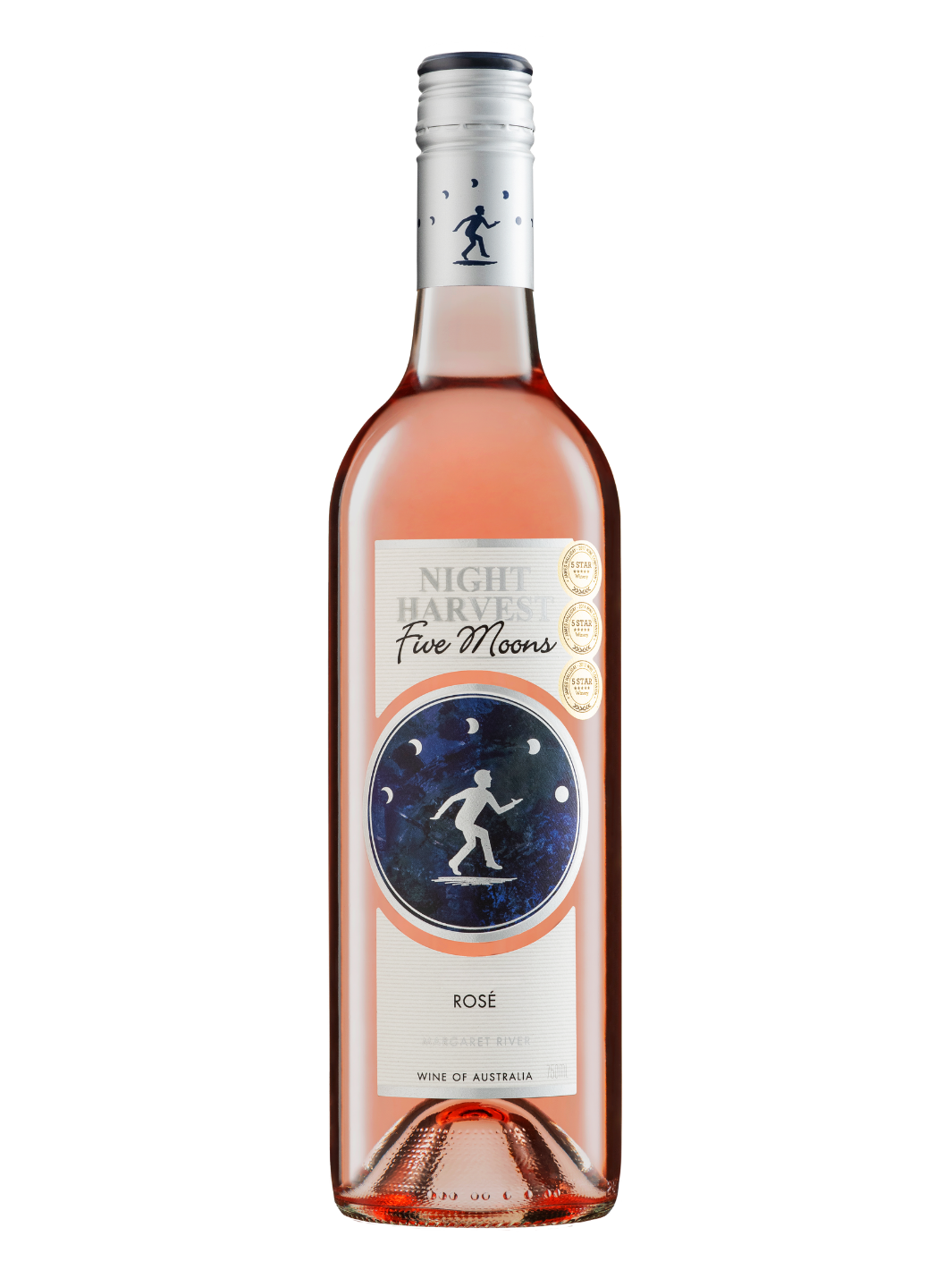 A bottle of Five Moons Night Harvest Rosé wine, showing the pinkish-rose liquid inside a clear glass bottle with a white and blue label and a silver screw cap, isolated on a white background.