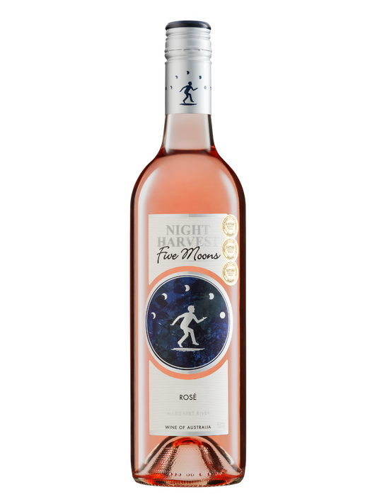 A bottle of Five Moons Night Harvest Rosé wine, showing the pinkish-rose liquid inside a clear glass bottle with a white and blue label and a silver screw cap, isolated on a white background.