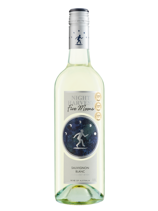 Bottle of Five Moons Sauvignon Blanc wine on a white background
