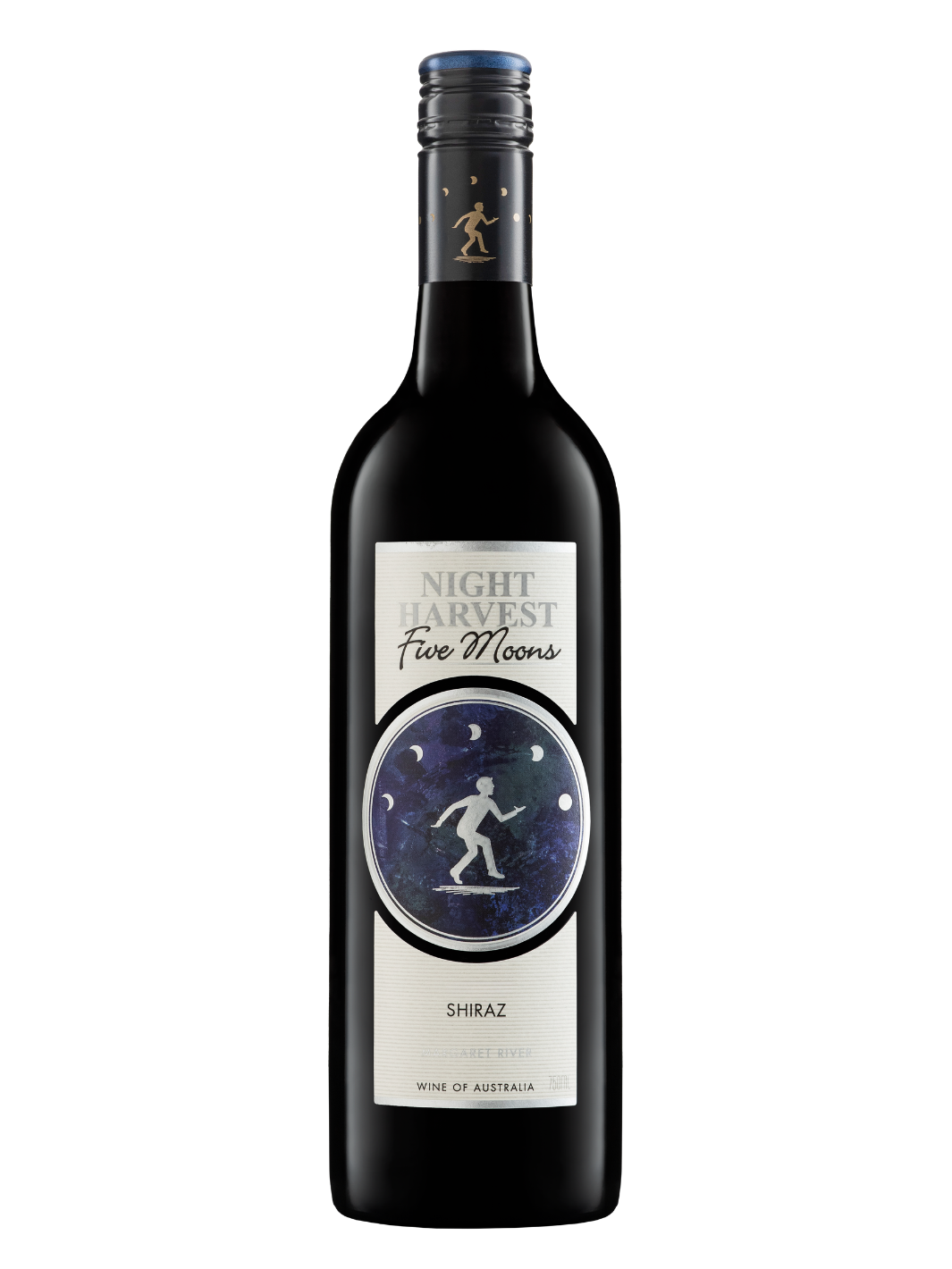A bottle of Night Harvest Five Moons Shiraz red wine, featuring a dark glass bottle with a white label and a central circular graphic of a figure under a starry night sky.