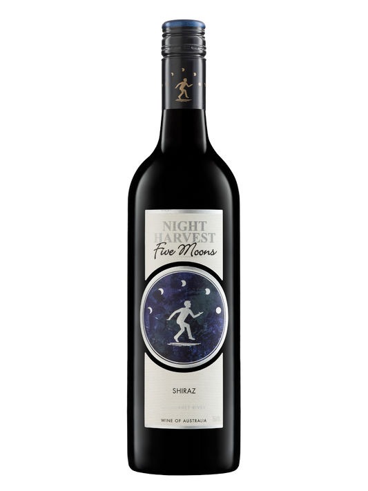 A bottle of Night Harvest Five Moons Shiraz red wine, featuring a dark glass bottle with a white label and a central circular graphic of a figure under a starry night sky.