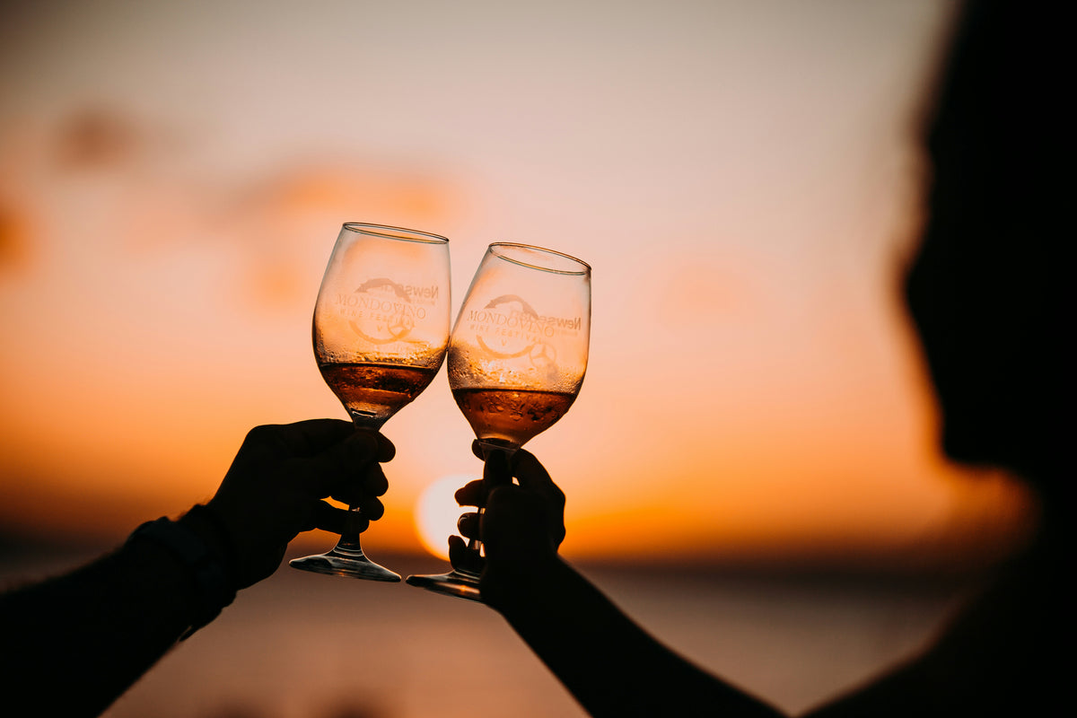 Two wine glasses being clinked together against a sunset sky.