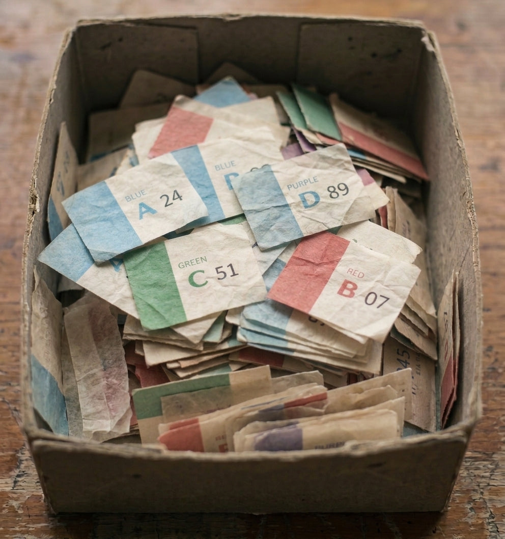 A cardboard box filled with old raffle tickets.
