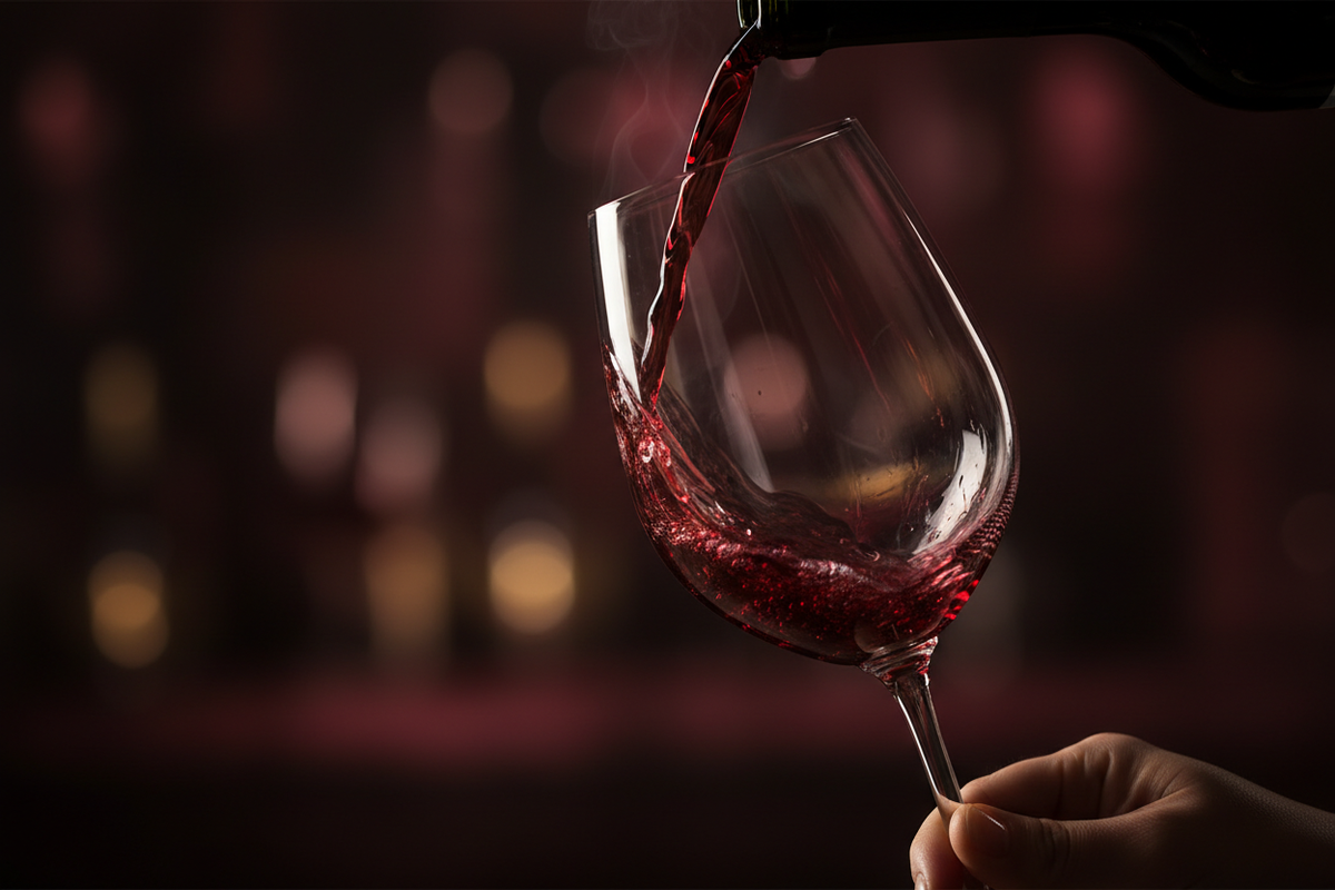 Red wine being poured from a dark bottle into a clear wine glass held by a hand, set against a dark, softly blurred background with warm bokeh lights.